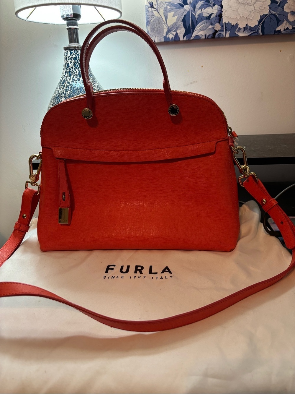 Authentic Furla Piper Red Orange Leather Dome Satchel Handbag + Dust Bag